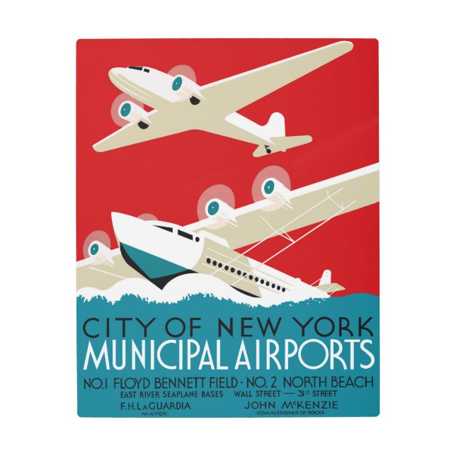 ニューヨーク空港、ヴィンテージ1936 WPA旅行ポスター メタルプリント (正面)