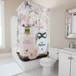 ニューヨーク香水ボトル金ゴールド&赤面ピンクローズ シャワーカーテン