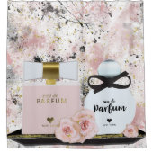 ニューヨーク香水ボトル金ゴールド&赤面ピンクローズ シャワーカーテン (正面)