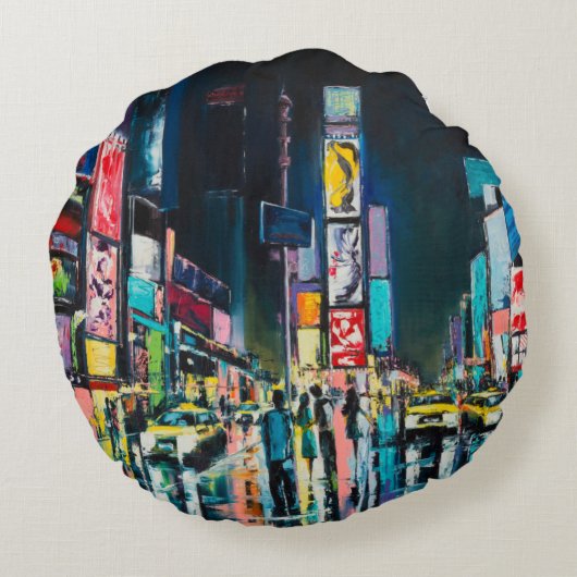 「ニューヨーク」の油絵、ニューヨークの夜景。 ラウンドクッション (裏面)