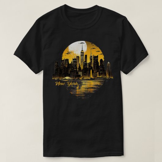ニューヨーク・シティ・ダウンタウン・スカイライン自由の女神N Tシャツ (デザイン正面)