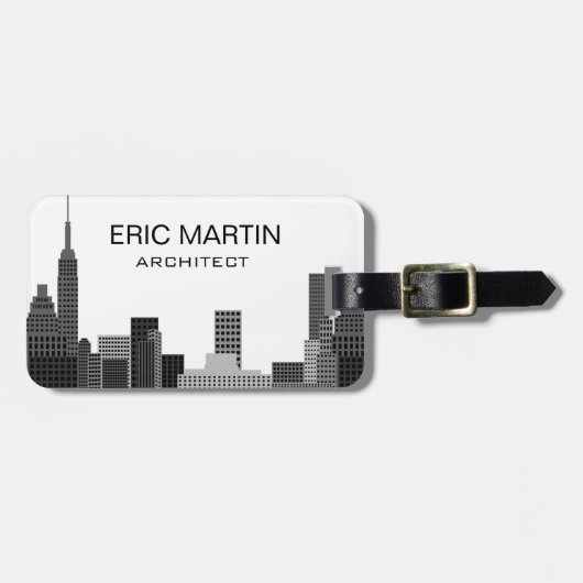 ニューヨーク スカイライン グレー モダン 個人名入れ ラゲッジタグ (正面横)