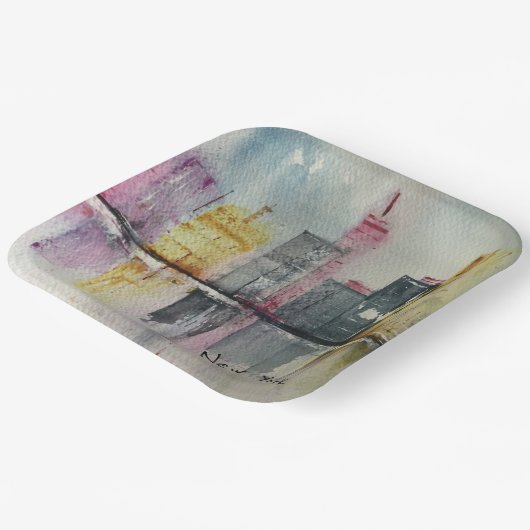 ニューヨークNYCスカイラインシティスケープオリジナルのアートワーク ペーパープレート (傾斜あり)