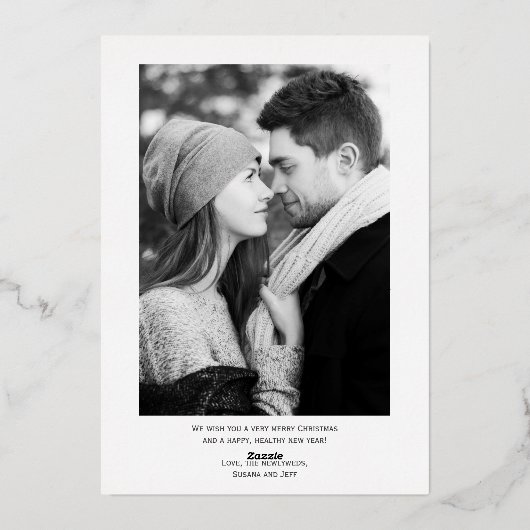 ニューライウェズ夫妻としての私たちの最初のクリスマス 箔シーズンカード (裏面)