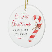 ニューライウェッド夫妻のキャンディーケイン初めてのクリスマス セラミックオーナメント (左)