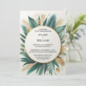 ニューリースパームツリービーチグリーンアンド金ゴールド結婚ズ 招待状 (スタンド正面)
