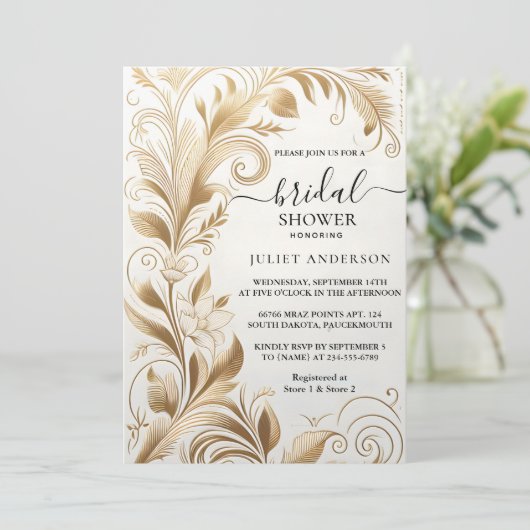 ニューレースフローラゴールドフォイルエンボスブライダルシャワー 招待状 (スタンド正面)