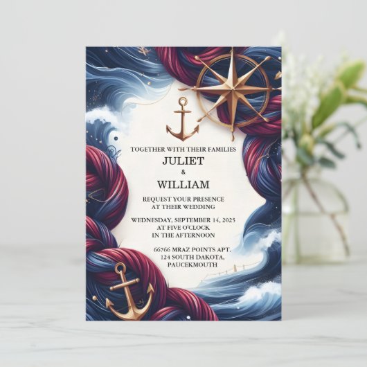 ニューロープノットボート船ネイビーブルー航海の結婚ズ 招待状 (スタンド正面)