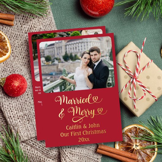 ニュー結婚したメリーリウェズ初めてのクリスマスカスタムレッド 箔シーズンカード