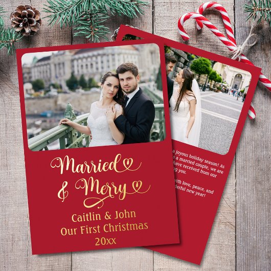 ニュー結婚したメリーリウェズ初めてのクリスマスカスタムレッド 箔シーズンカード