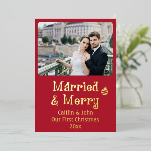 ニュー結婚したメリーリウェズ初めてのクリスマスカスタムレッド 箔シーズンカード (立ち正面)