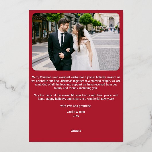 ニュー結婚したメリーリウェズ初めてのクリスマスカスタムレッド 箔シーズンカード (裏面)