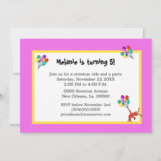 ニュー・オーリンズの市街電車の誕生日(ピンク) 招待状 (裏面)