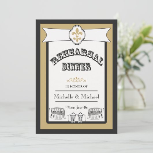 ニュー・オーリンズの結婚式のリハーサルの夕食の黒の金ゴールド1 招待状 (スタンド正面)