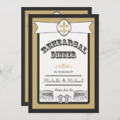 ニュー・オーリンズの結婚式のリハーサルの夕食の黒の金ゴールド1 招待状 (正面/裏面)