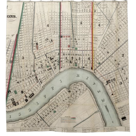 ニュー・オーリンズルイジアナ(1845年)のヴィンテージの地図 シャワーカーテン (正面)
