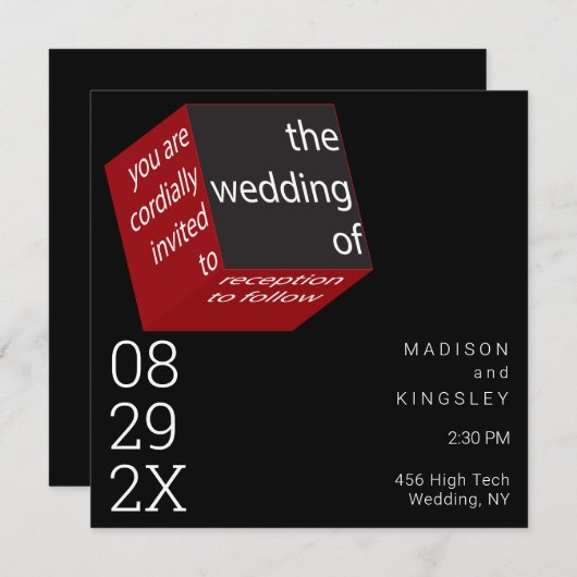ニュー ハイテク キューブ エピック ブラック ジオメトリック 招待状 (正面/裏面)