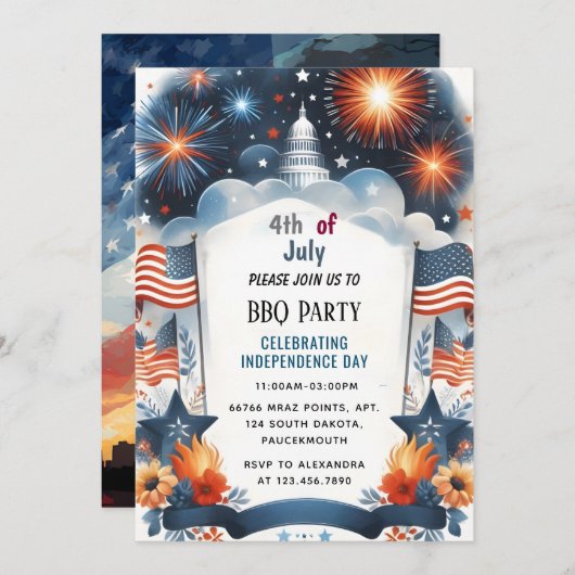 ニューBbq赤白青アメリカ国旗7月パーティー4日 招待状 (正面/裏面)
