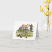 ニワトリとオールドファームハウス カード (黄色い花)