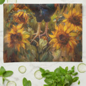 ニワトリとヒマワリの油絵 キッチンタオル (折り畳み)