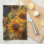 ニワトリとヒマワリの油絵 キッチンタオル (四つ折り)