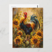 ニワトリとヒマワリの油絵 ポストカード (正面/裏面)