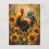 ニワトリとヒマワリの油絵 ポストカード (正面)