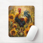 ニワトリとヒマワリの油絵 マウスパッド (マウス)