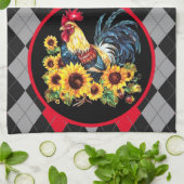 ニワトリとヒマワリの黒、赤、グレーの格子柄 キッチンタオル (折り畳み)