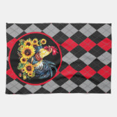ニワトリとヒマワリの黒、赤、グレーの格子柄 キッチンタオル (横)