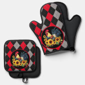 ニワトリとヒマワリの黒、赤、グレーの格子柄 鍋つかみ&鍋敷きセット (正面/裏面)