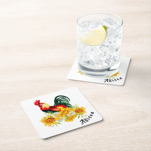 ニワトリとヒマワリパーソナライズされたスクエア紙 スクエアペーパーコースター (インサイチュ)