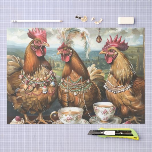 ニワトリとヒヨコのティーパーティーデコパージュ 薄葉紙 (クラフト)