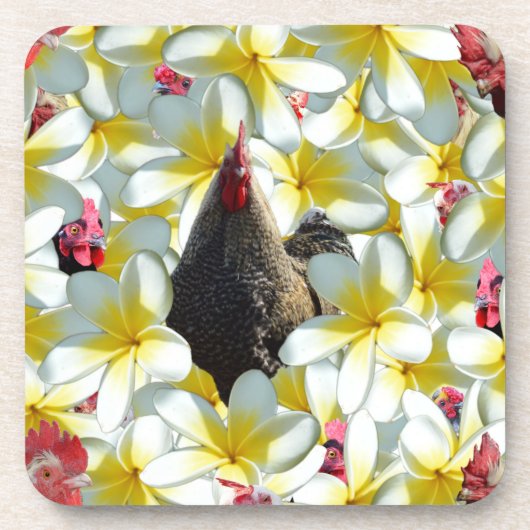 ニワトリとフランギパニの花 コースター (正面)