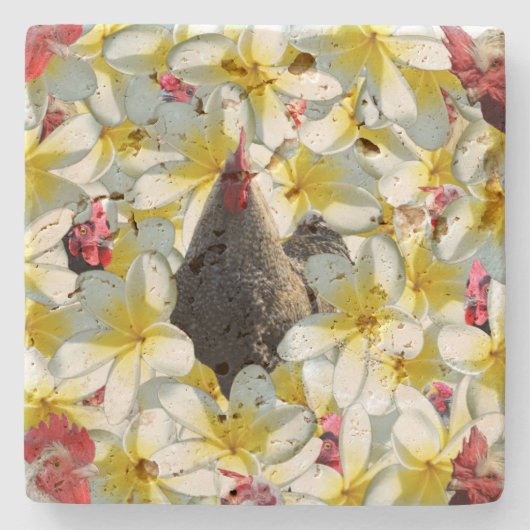 ニワトリとフランギパニの花 ストーンコースター (正面)