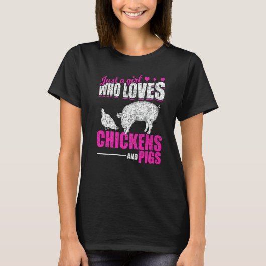ニワトリとブタが好きな女の子 農場の動物 Tシャツ (正面)