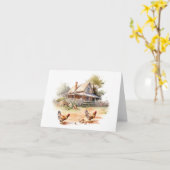 ニワトリとロスター付きオールドファームハウス カード (黄色い花)