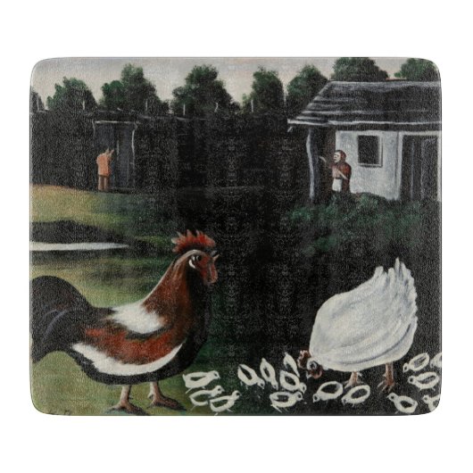 ニワトリと一緒に田舎の農場の風景 カッティングボード (正面)