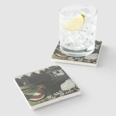 ニワトリと一緒に田舎の農場の風景 ストーンコースター (横)