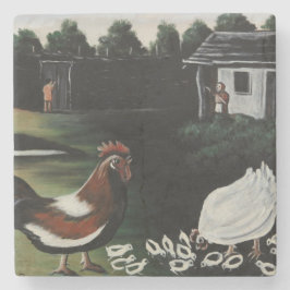 ニワトリと一緒に田舎の農場の風景 ストーンコースター