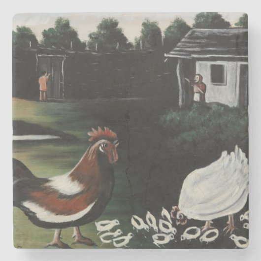 ニワトリと一緒に田舎の農場の風景 ストーンコースター (正面)