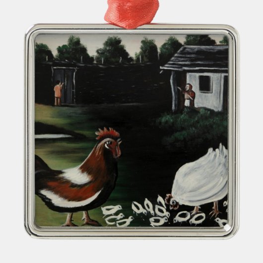 ニワトリと一緒に田舎の農場の風景 メタルオーナメント (正面)