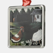 ニワトリと一緒に田舎の農場の風景 メタルオーナメント (左)