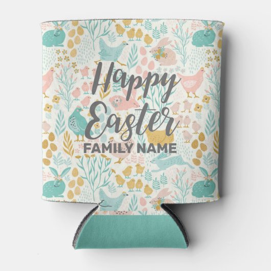 ニワトリと花のハッピーイースター模様 缶クーラー (正面)