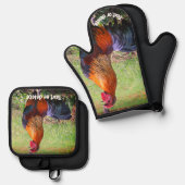 ニワトリのカングファームパーソナライズされた動物 鍋つかみ&鍋敷きセット (正面/裏面)