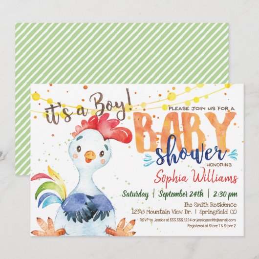 ニワトリのベイビーシャワーの招待状（男の子、ファーム）、男の子、農場 招待状 (正面/裏面)