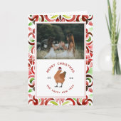 ニワトリの赤と緑の水彩クリスマス写真 シーズンカード (正面)