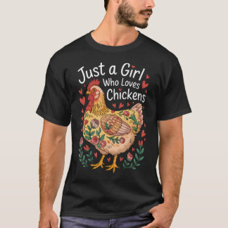 ニワトリを愛する女の子 花畑のニワトリ Tシャツ
