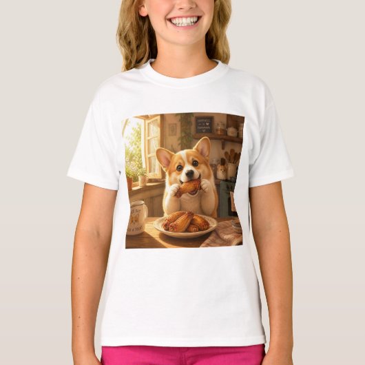 ニワトリを食べる犬のTシャツデザイン Tシャツ (正面)