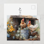 ニワトリブリキバケツ鶏小屋黄色い花 ポストカード (正面/裏面)